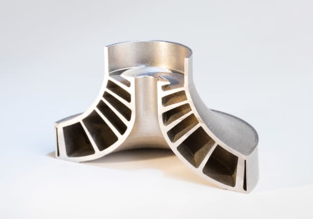 This part, a shrouded impeller that was 3D printed using Velo3D’s technology, has not been post-processed. These low angles are impossible to achieve without support structures when using traditional PBF processes. (Image courtesy of Velo3D.)
